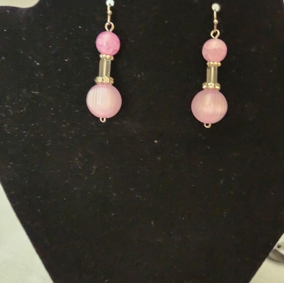 Hand Crafted Pink Beaded Pierced Earrings Dangle Crystal Silver Accents - Picture 5 of 5